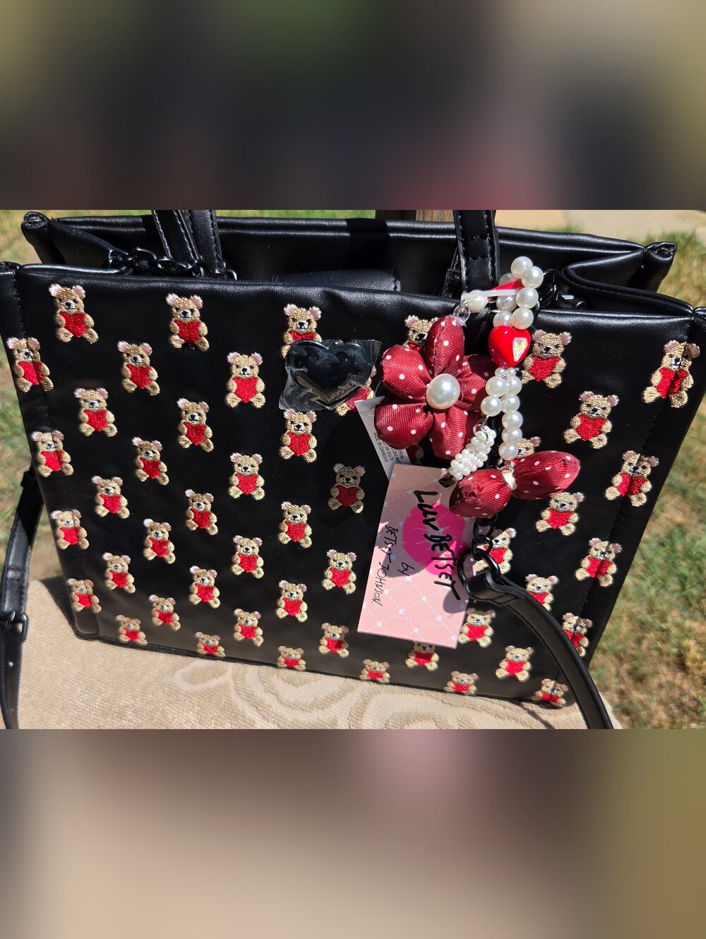 Luv Betsey Black Teddy Embroidered Tote with Burgundy Floral Charm